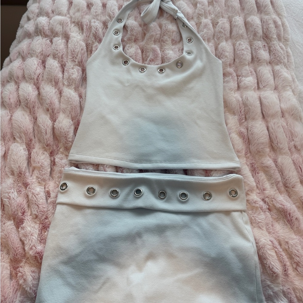 Edikted Havana Grommet Ribbed Halter Top and Foldover Mini Skort set